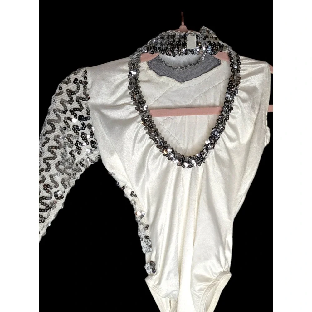 Sequined White Leotard Child Medium Large OOC Asymmetrical One Sleeve Dancewear